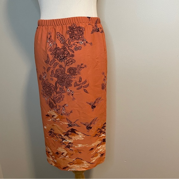 Pleione Womens Crane Floral Mountain Pull On Skirt Terracotta Elastic Waist - Picture 3 of 7
